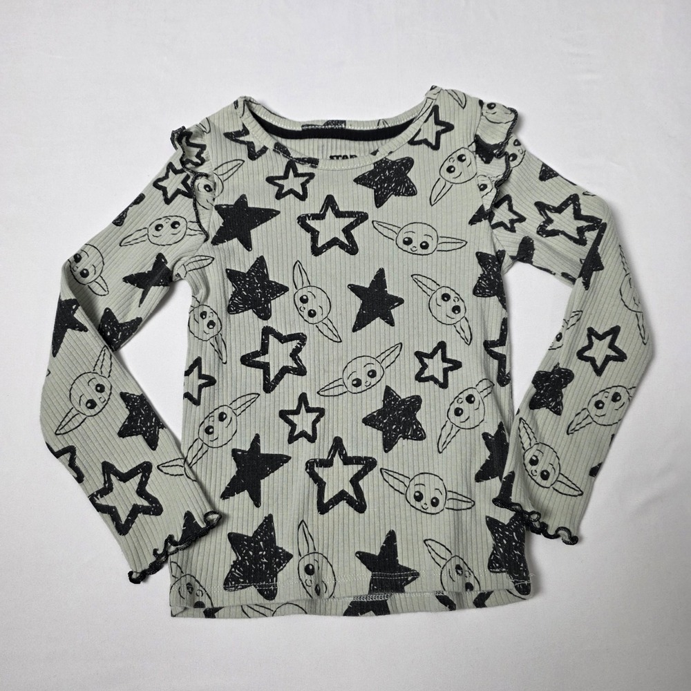 Star Wars Grogu Long Sleeve Shirt Kids 5T Desert Sage Green Ribbed Ruffle Star‎